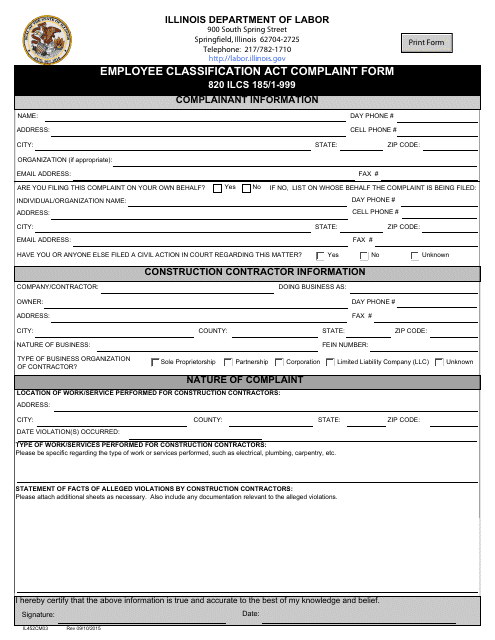Form IL452CM03 Employee Classification Act Complaint Form - Illinois