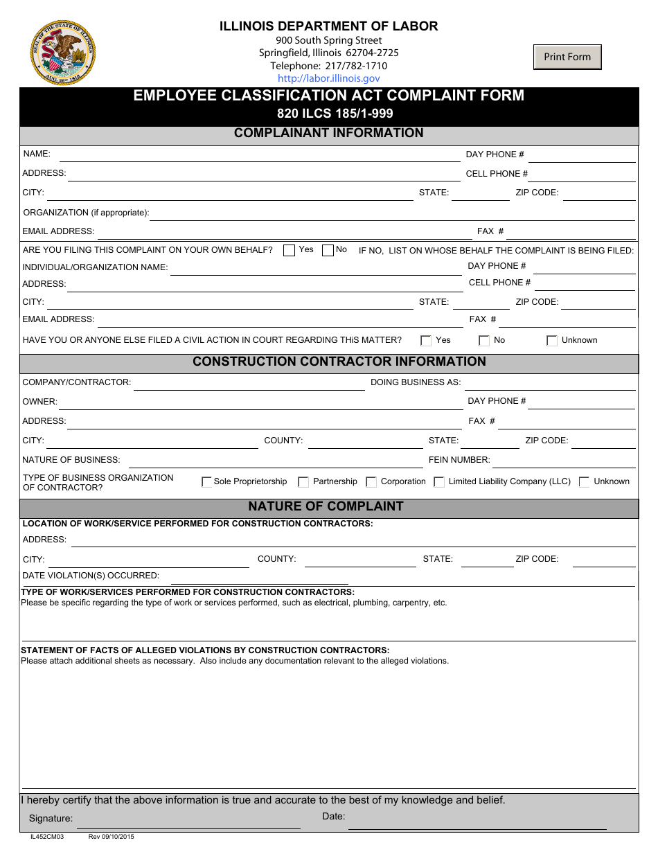 Form IL452CM03 Employee Classification Act Complaint Form - Illinois, Page 1