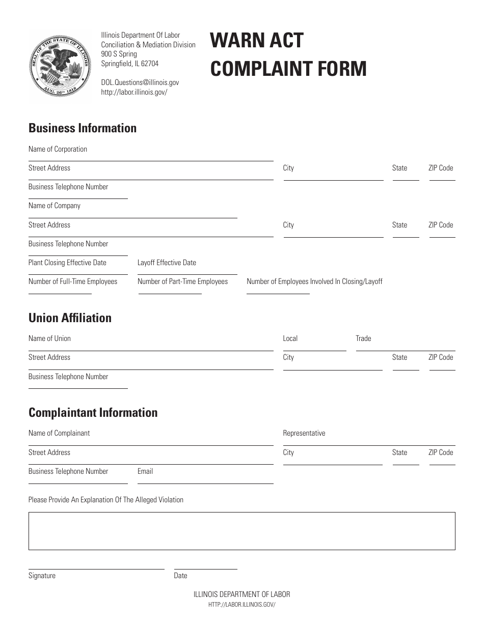 Illinois Warn Act Complaint Form Fill Out, Sign Online and Download