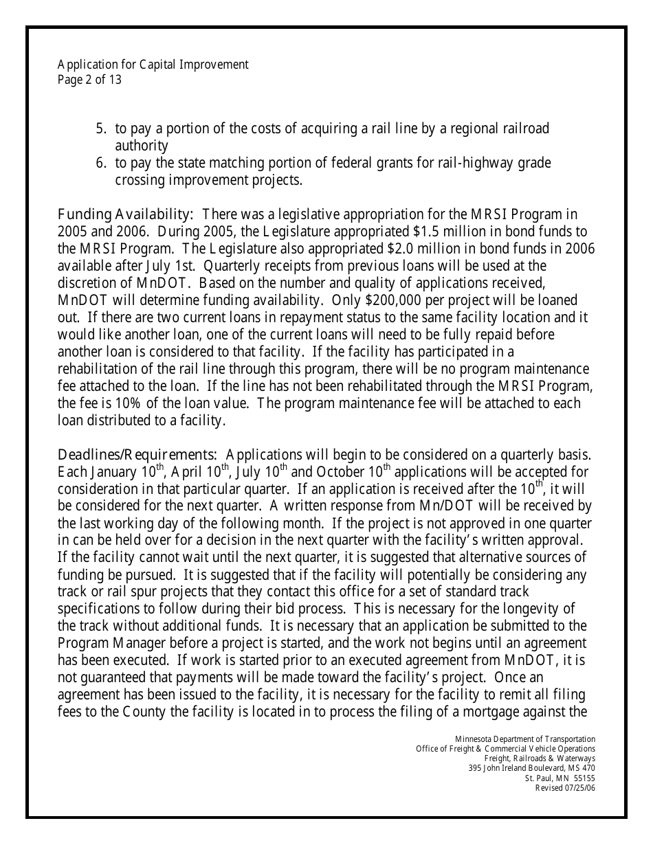 Minnesota Rail Service Improvement Program Loan Application - Minnesota, Page 2