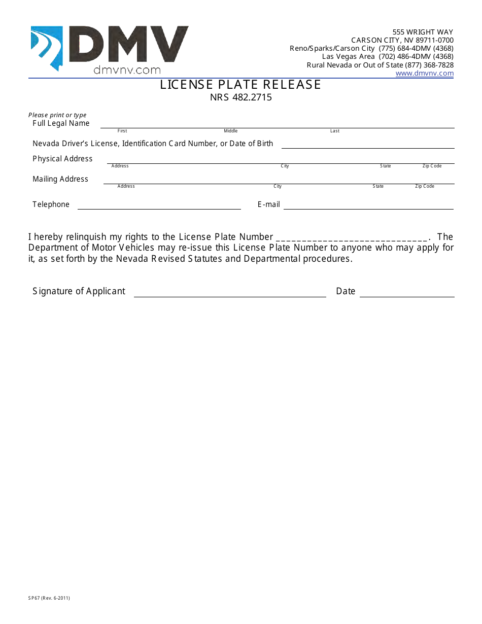 Form SP67 Fill Out, Sign Online and Download Fillable PDF, Nevada