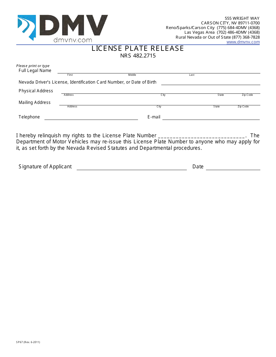 Form SP67 License Plate Release - Nevada, Page 1