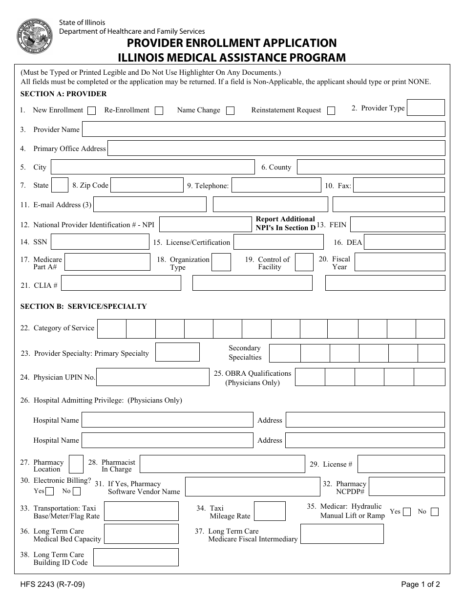 Form HFS2243 Provider Enrollment Application in the Medical Assistance Program - Illinois, Page 1
