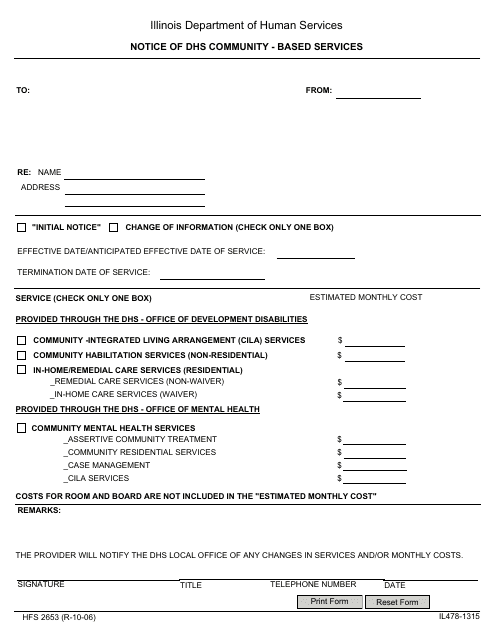 Form HFS2653 (IL478-1315)  Printable Pdf