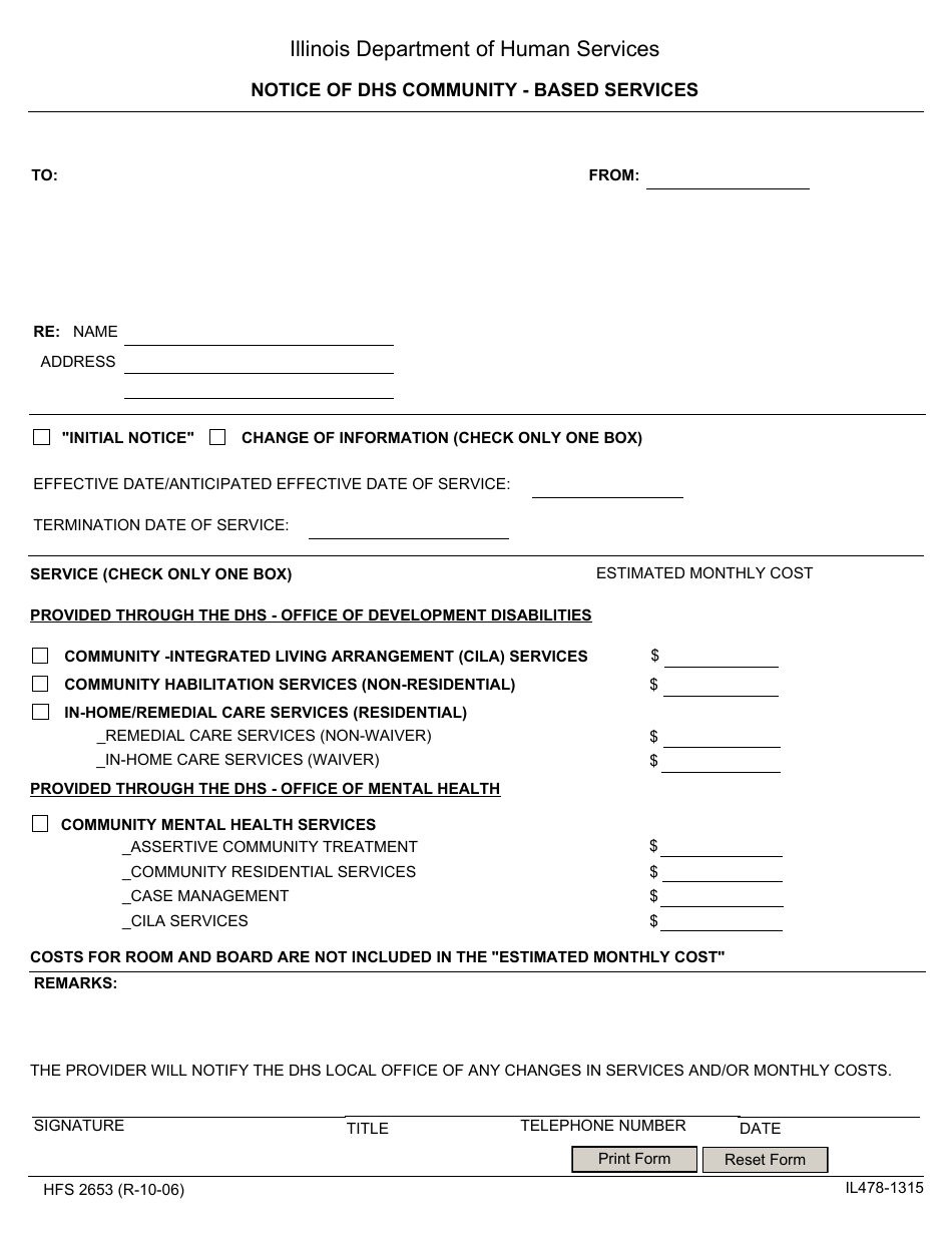 Form HFS2653 (IL478-1315) Notice of DHS Community - Based Services - Illinois, Page 1