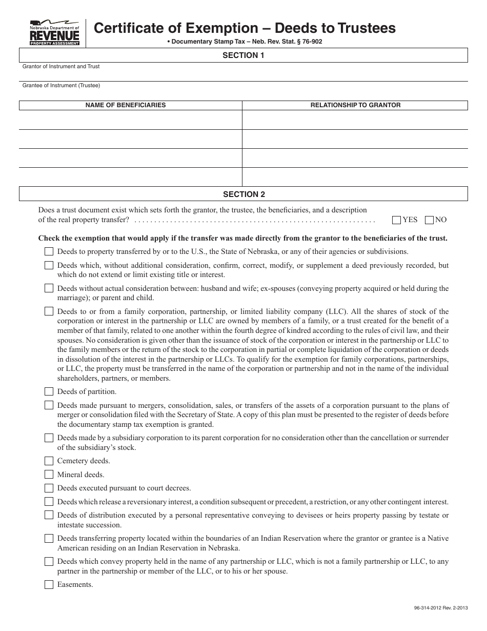 Certificate of Exemption - Deeds to Trustees - Nebraska, Page 1