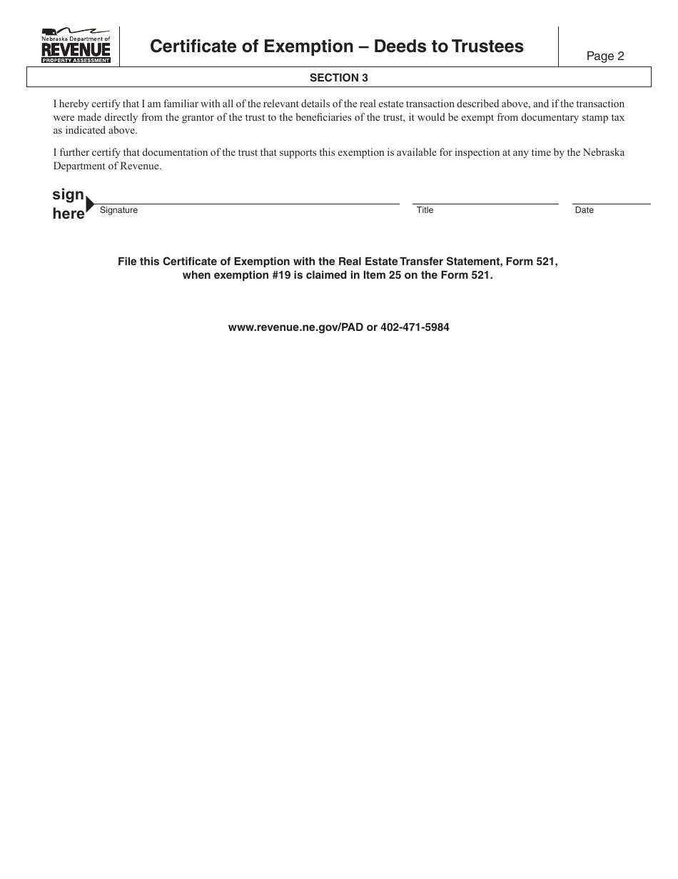 Certificate of Exemption - Deeds to Trustees - Nebraska, Page 2