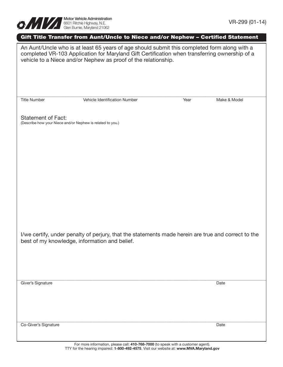 Form VR-299 Gift Title Transfer From Aunt / Uncle to Niece and / or Nephew - Certified Statement - Maryland, Page 1