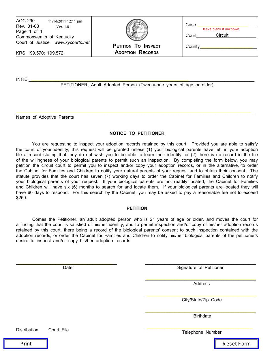 Form AOC-290 Petition to Inspect Adoption Records - Kentucky, Page 1