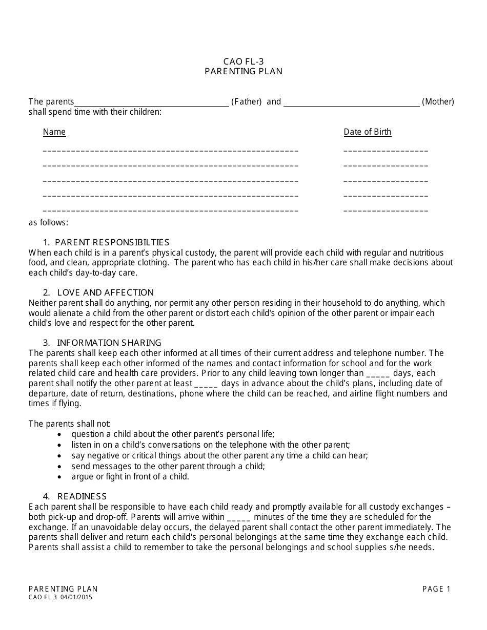Form CAO FL3 Parenting Plan - Idaho, Page 1