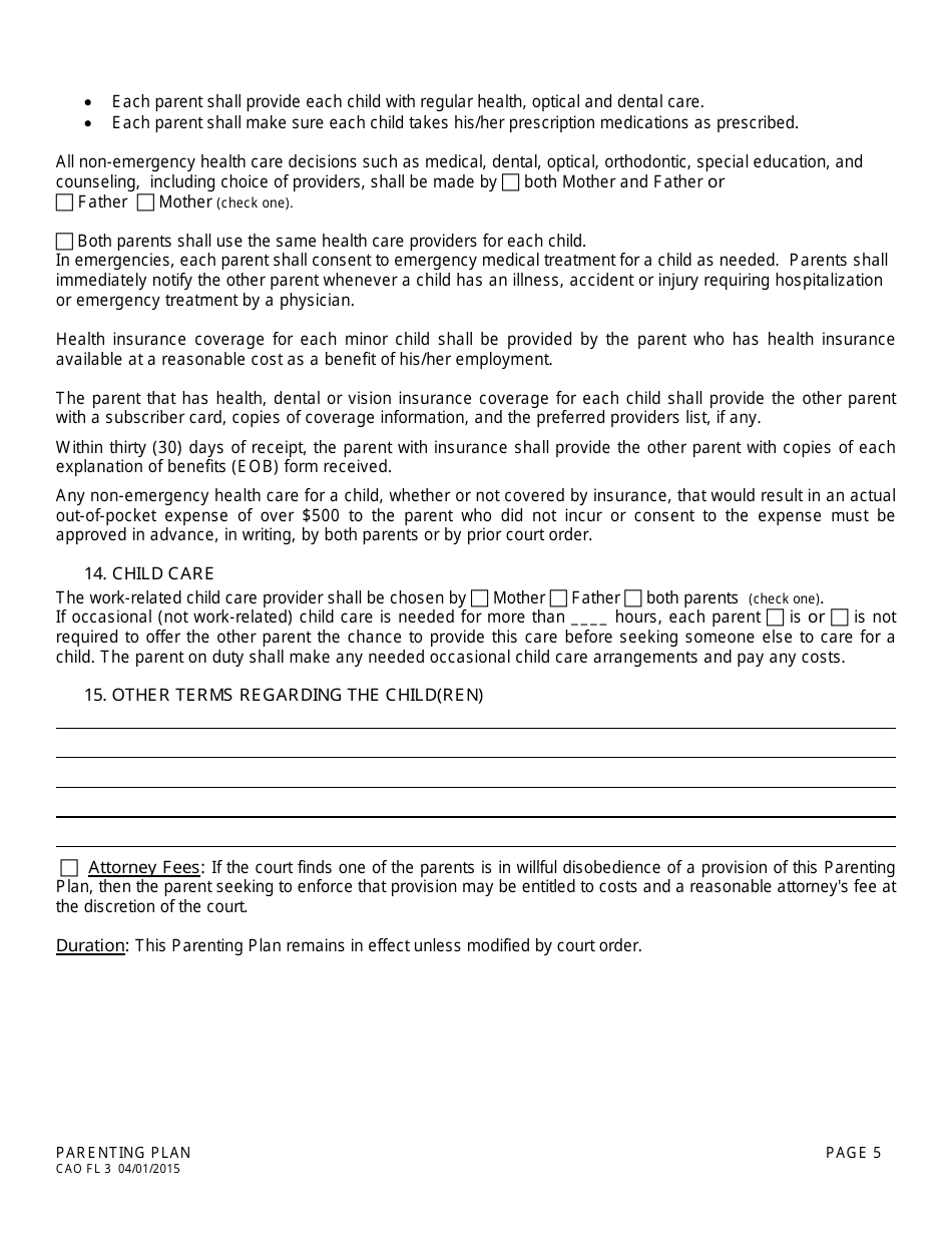 Form CAO FL3 Parenting Plan - Idaho, Page 5