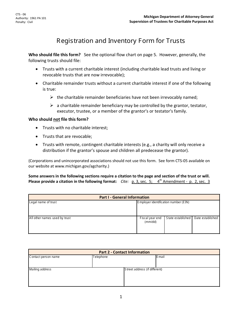 Form CTS-06 Registration and Inventory Form for Trusts - Michigan, Page 1