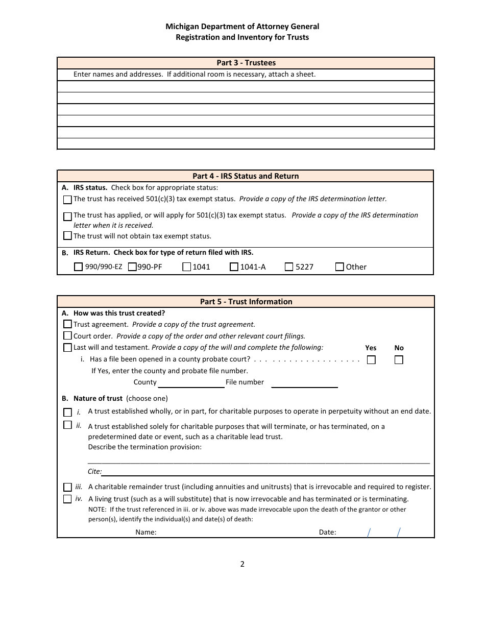 Form CTS-06 Registration and Inventory Form for Trusts - Michigan, Page 2