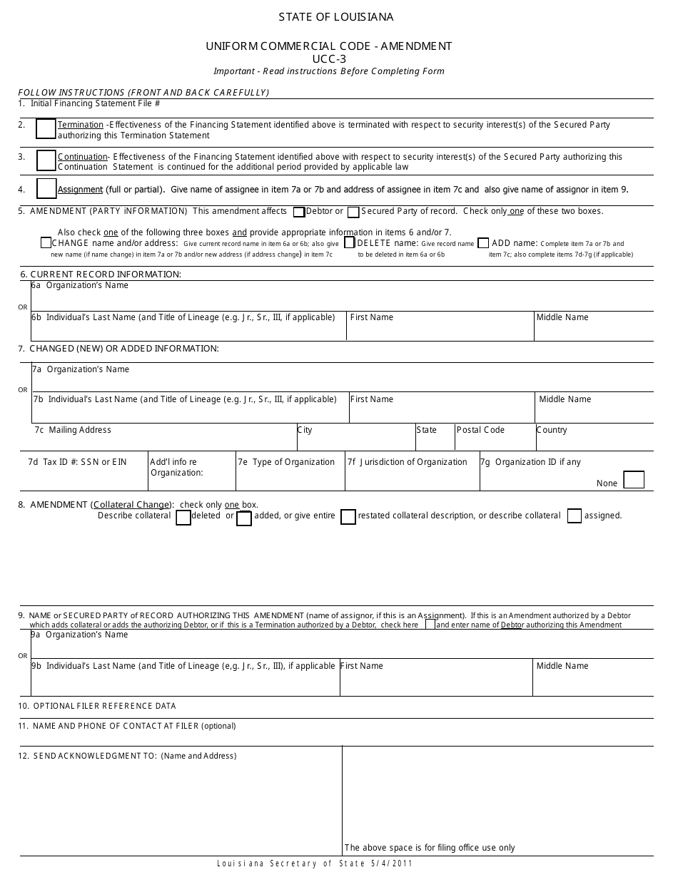 Form UCC-3 Uniform Commercial Code - Amendment - Louisiana, Page 1