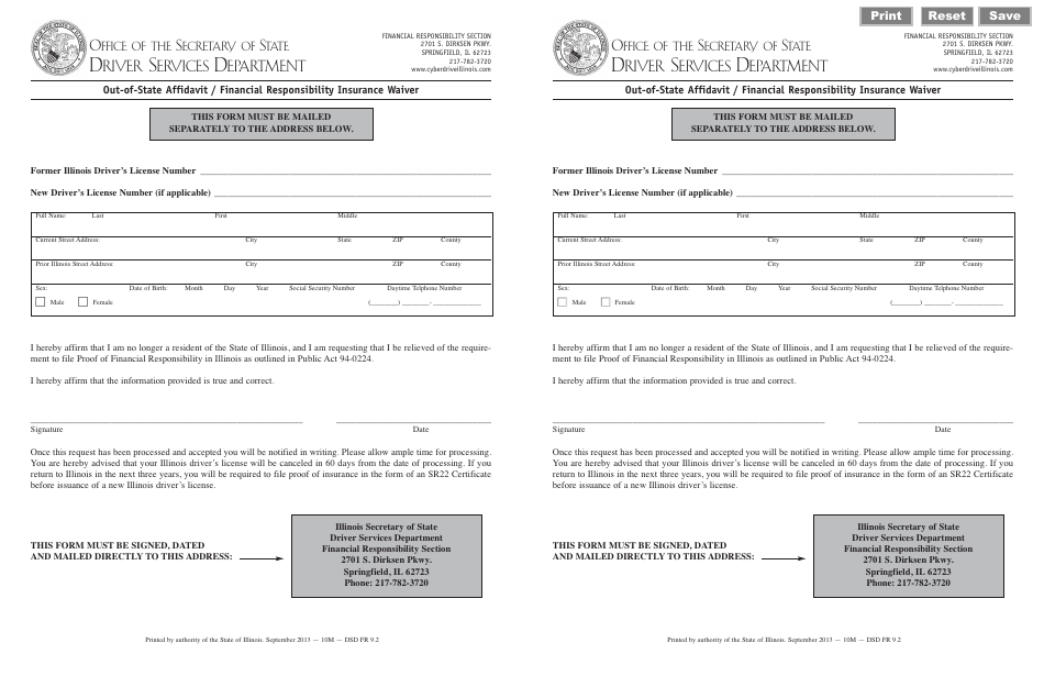 Form DSD FR9.2 Download Fillable PDF or Fill Online Out-Of-State Affidavit / Financial ...