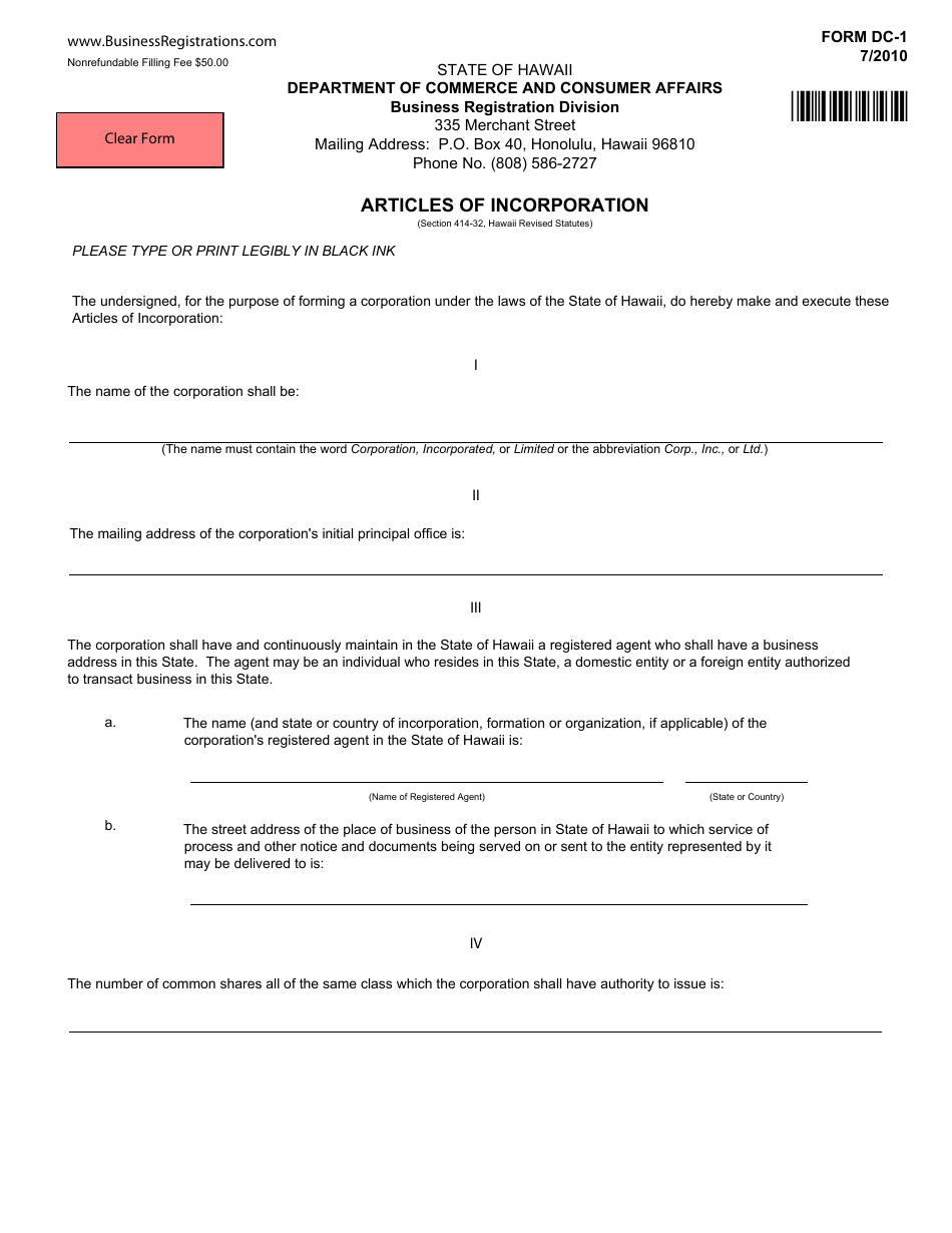 Form DC-1 Articles of Incorporation - Hawaii, Page 1