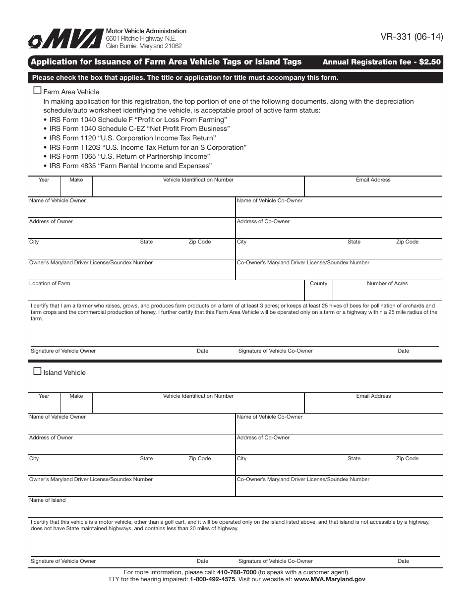 Form VR-331 Application for Issuance of Farm Area Vehicle Tags or Island Tags - Maryland, Page 1