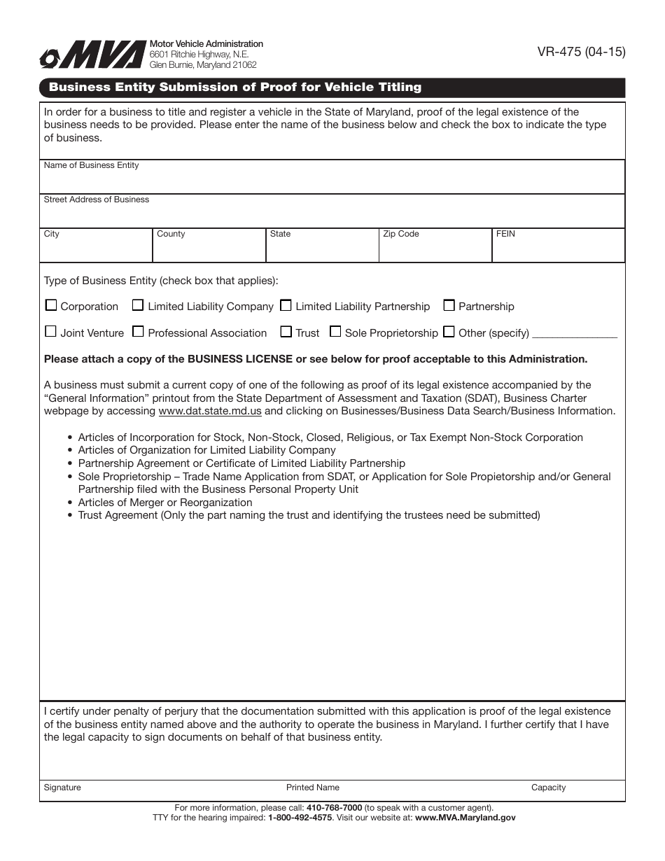 Form VR-475 Business Entity Submission of Proof for Vehicle Titling - Maryland, Page 1