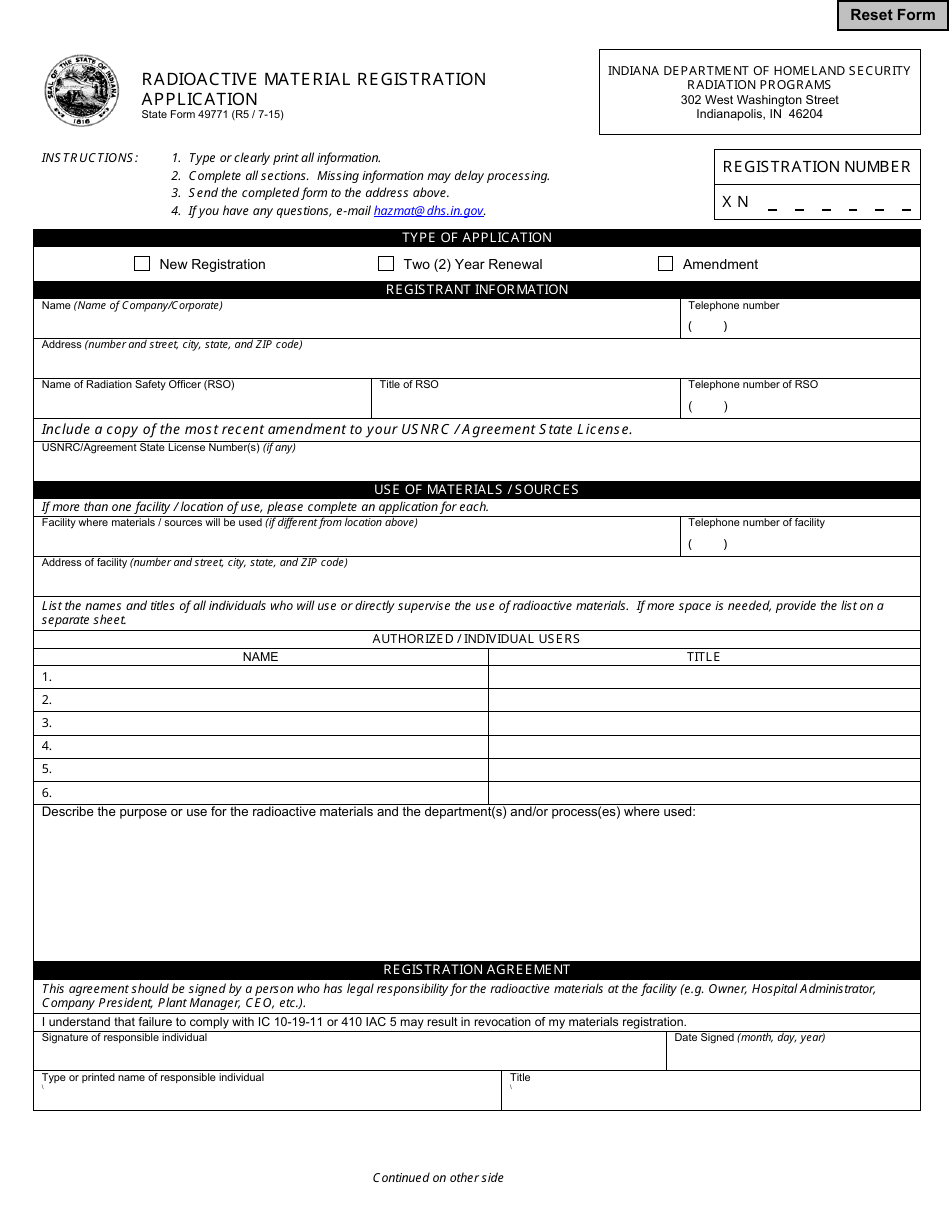 State Form 49771 Radioactive Material Registration Application - Indiana, Page 1
