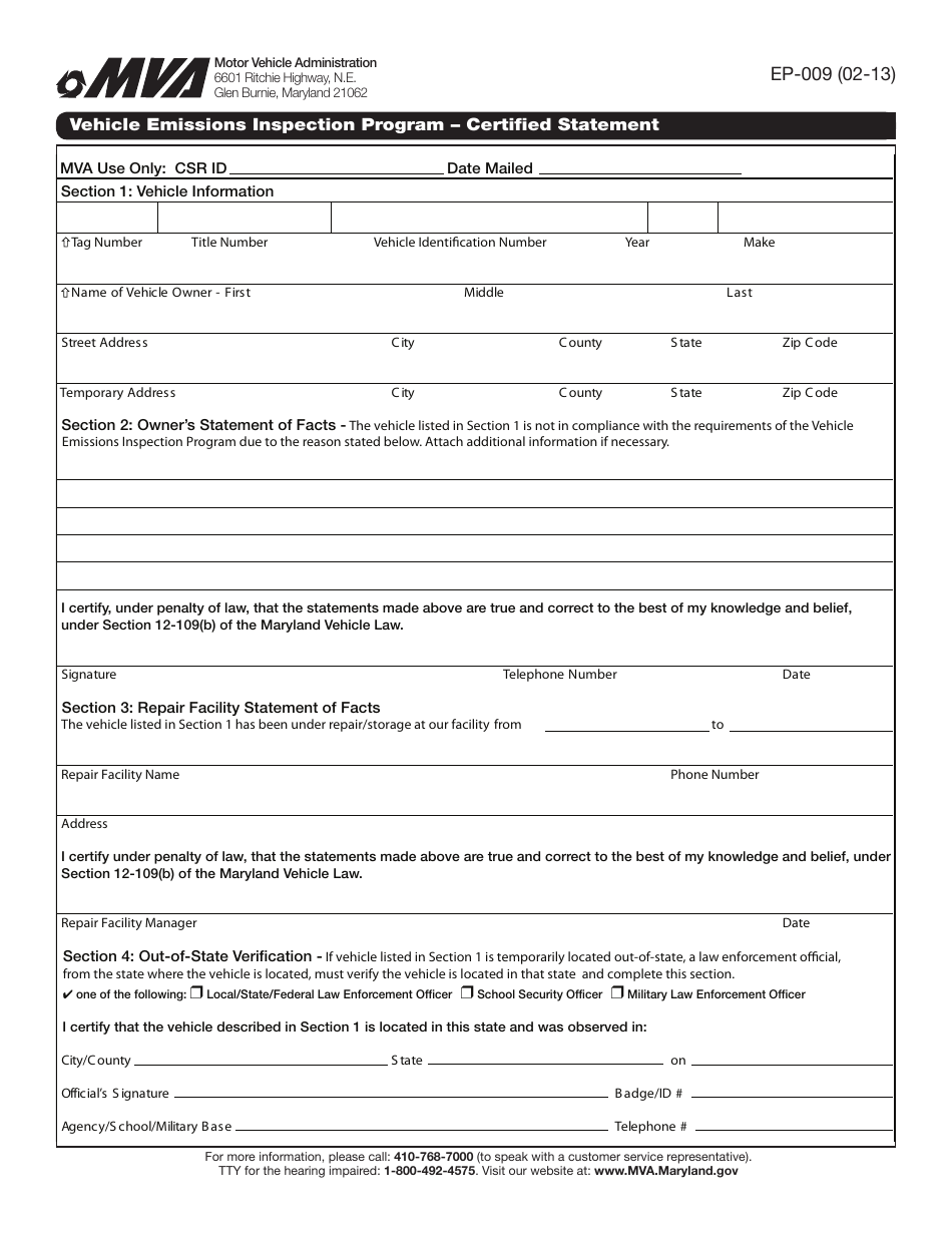 Form EP-009 Vehicle Emissions Inspection Program - Certified Statement - Maryland, Page 1