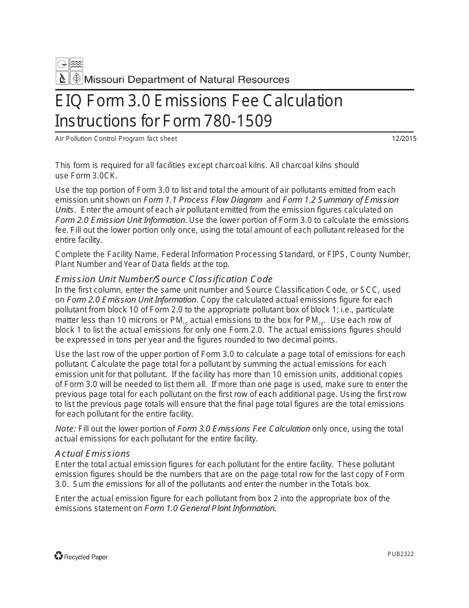 Instructions for EIQ Form 3.0, 780-1509 Emissions Fee Calculation - Missouri, Page 1
