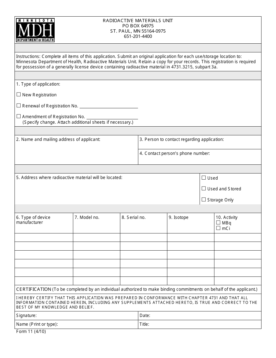 Form 11 Registration of Generally Licensed Devices - Minnesota, Page 1