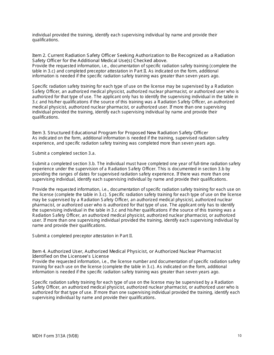 MDH Form 313A Radiation Safety Officer Training and Experience and Preceptor Attestation - Minnesota, Page 10