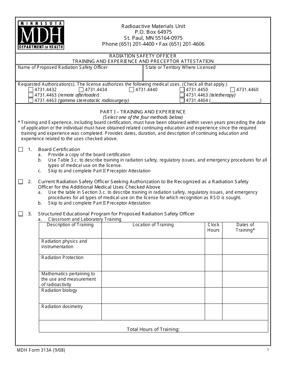 MDH Form 313A Radiation Safety Officer Training and Experience and Preceptor Attestation - Minnesota, Page 1