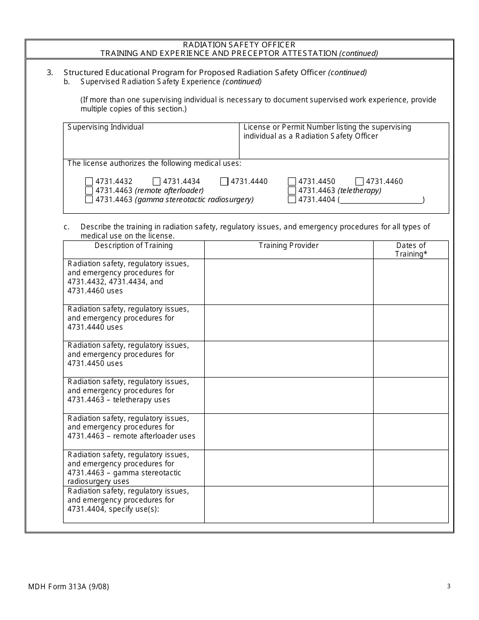 MDH Form 313A Radiation Safety Officer Training and Experience and Preceptor Attestation - Minnesota, Page 3