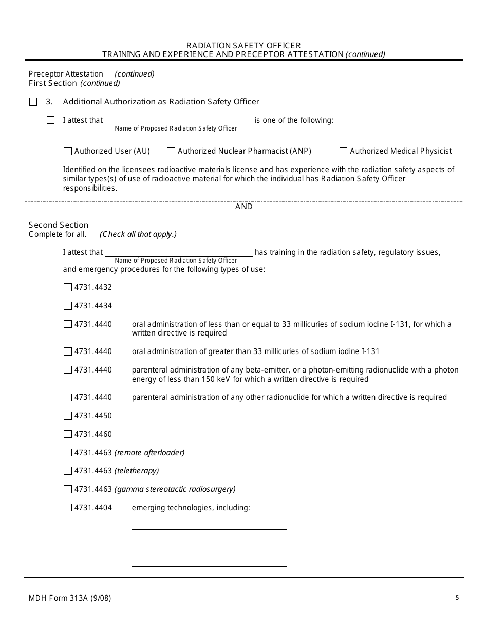 MDH Form 313A Radiation Safety Officer Training and Experience and Preceptor Attestation - Minnesota, Page 5