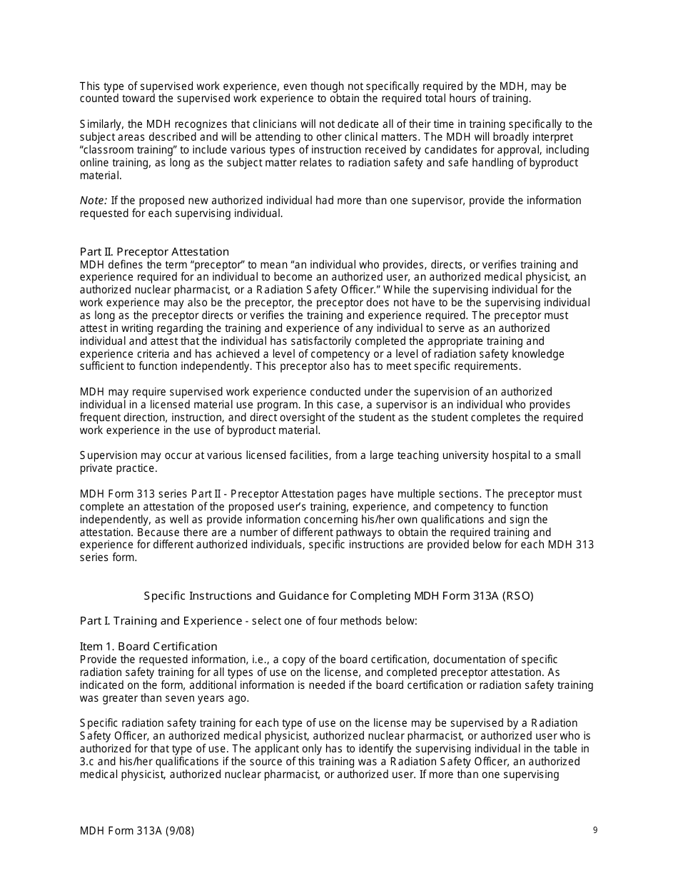MDH Form 313A Radiation Safety Officer Training and Experience and Preceptor Attestation - Minnesota, Page 9