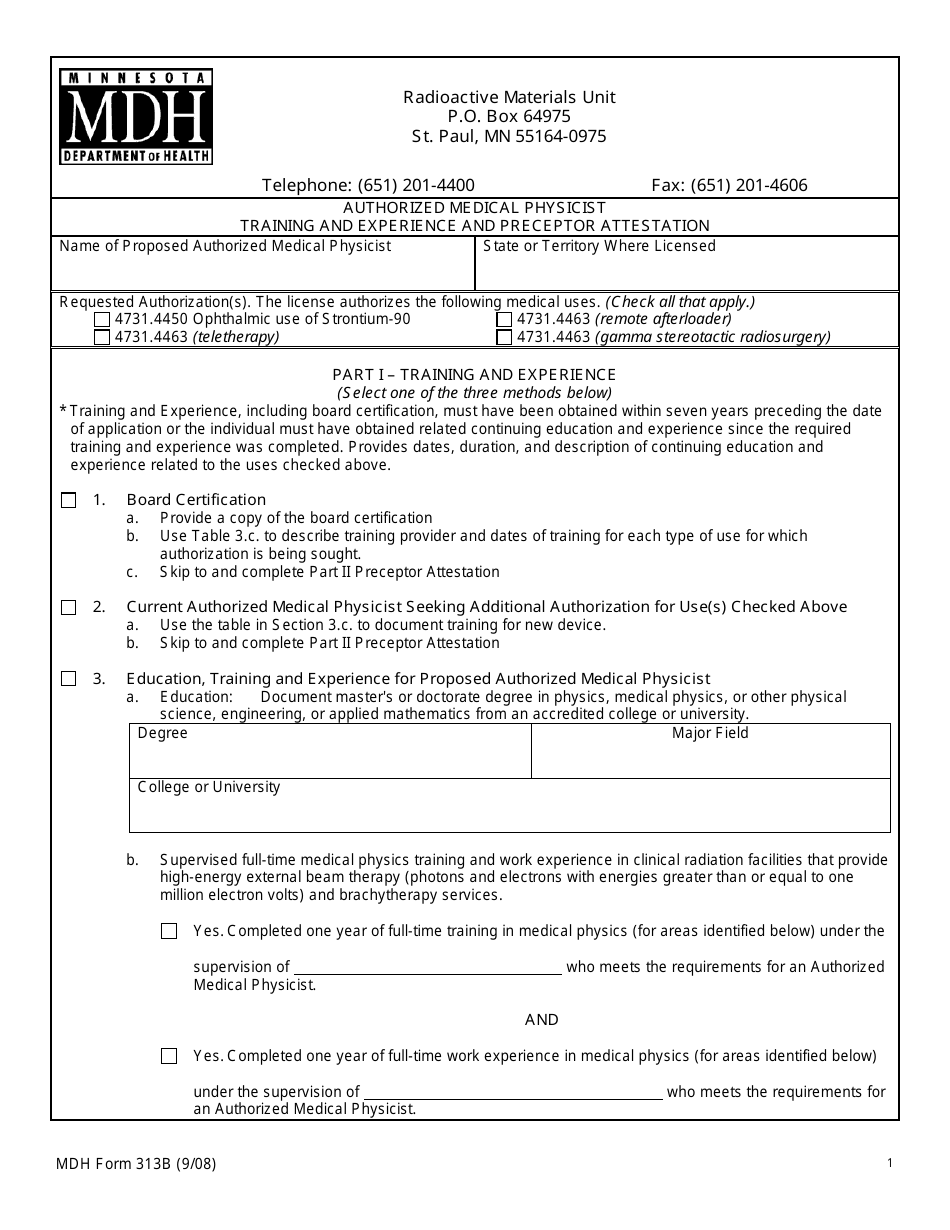 MDH Form 313B Authorized Medical Physicist Training and Experience and Preceptor Attestation - Minnesota, Page 1