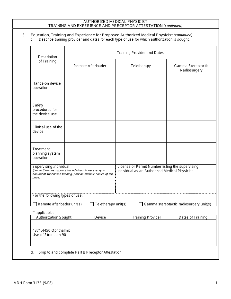 MDH Form 313B Authorized Medical Physicist Training and Experience and Preceptor Attestation - Minnesota, Page 3