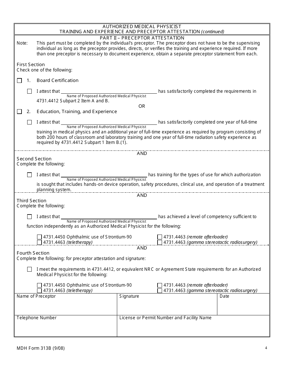 MDH Form 313B Authorized Medical Physicist Training and Experience and Preceptor Attestation - Minnesota, Page 4