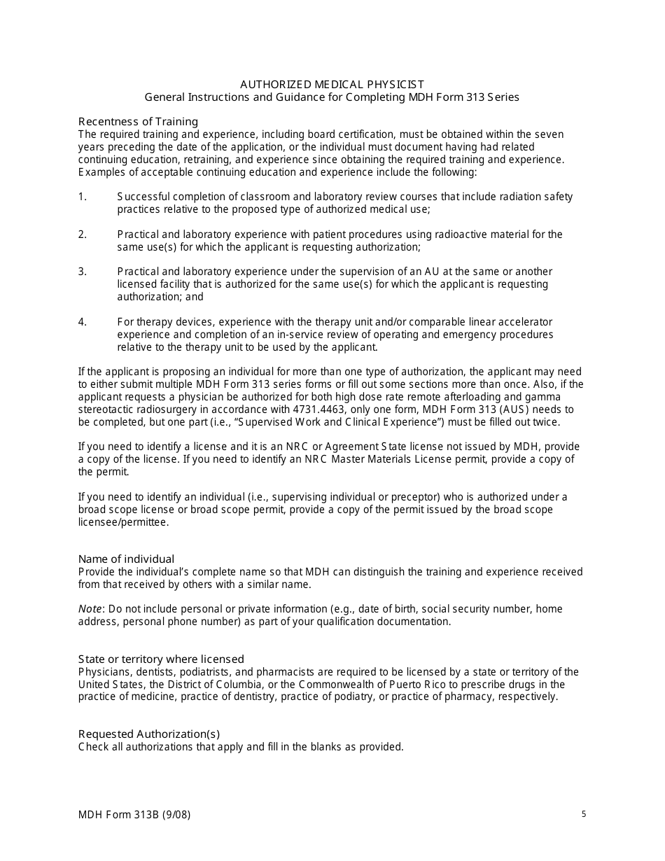 MDH Form 313B Authorized Medical Physicist Training and Experience and Preceptor Attestation - Minnesota, Page 5
