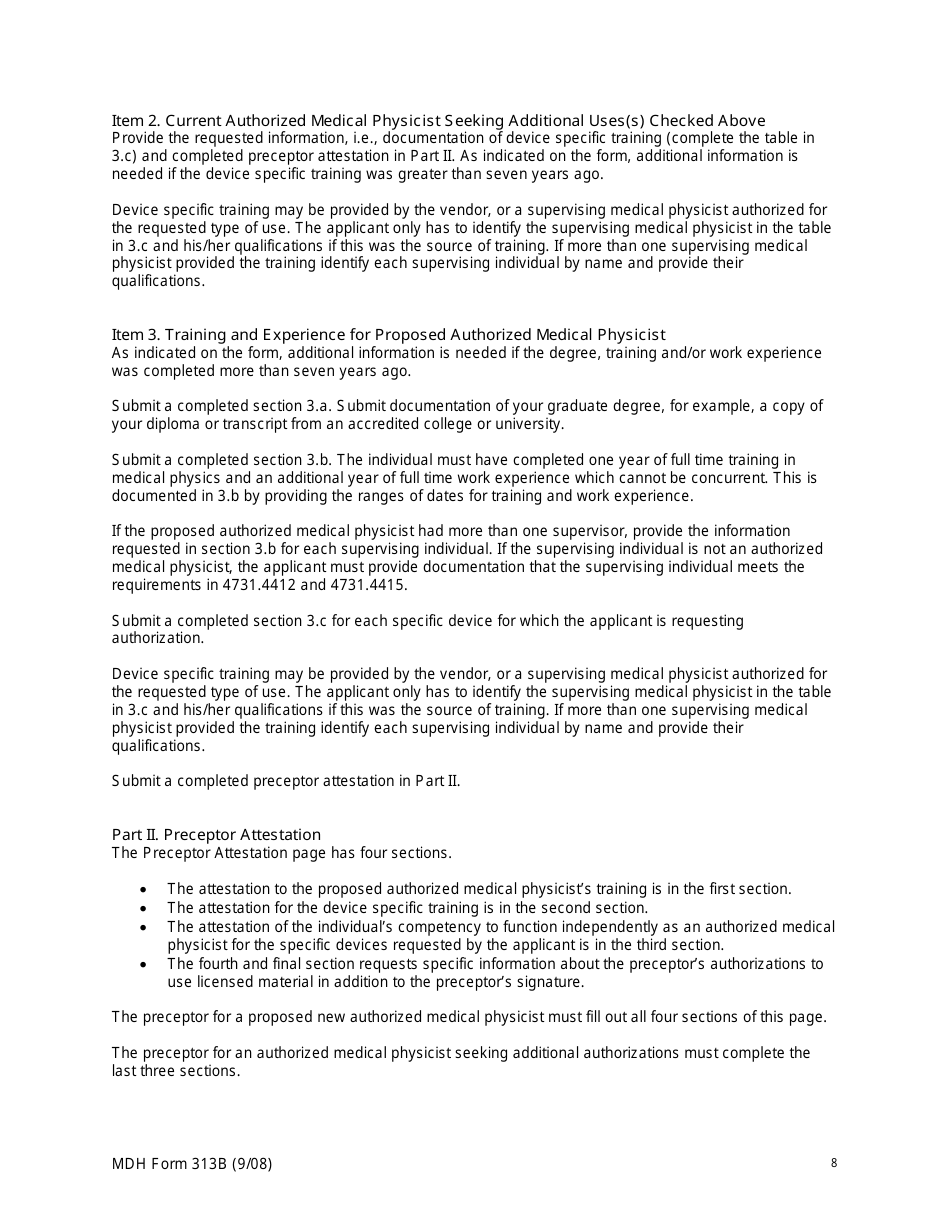 MDH Form 313B Authorized Medical Physicist Training and Experience and Preceptor Attestation - Minnesota, Page 8