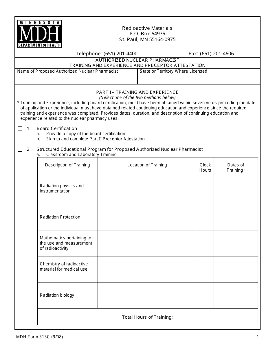 MDH Form 313C Authorized Nuclear Pharmacist Training and Experience and Preceptor Attestation - Minnesota, Page 1