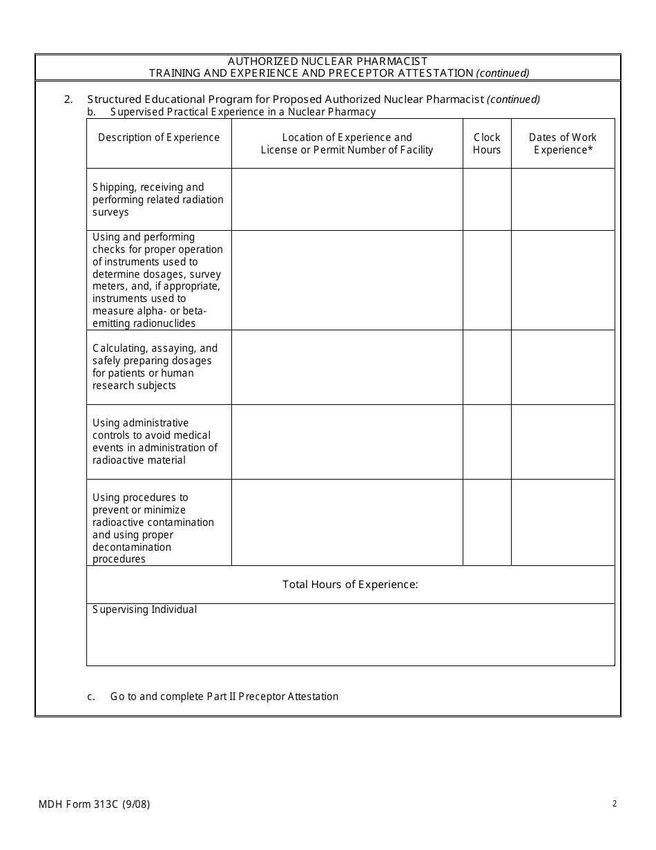 MDH Form 313C Authorized Nuclear Pharmacist Training and Experience and Preceptor Attestation - Minnesota, Page 2