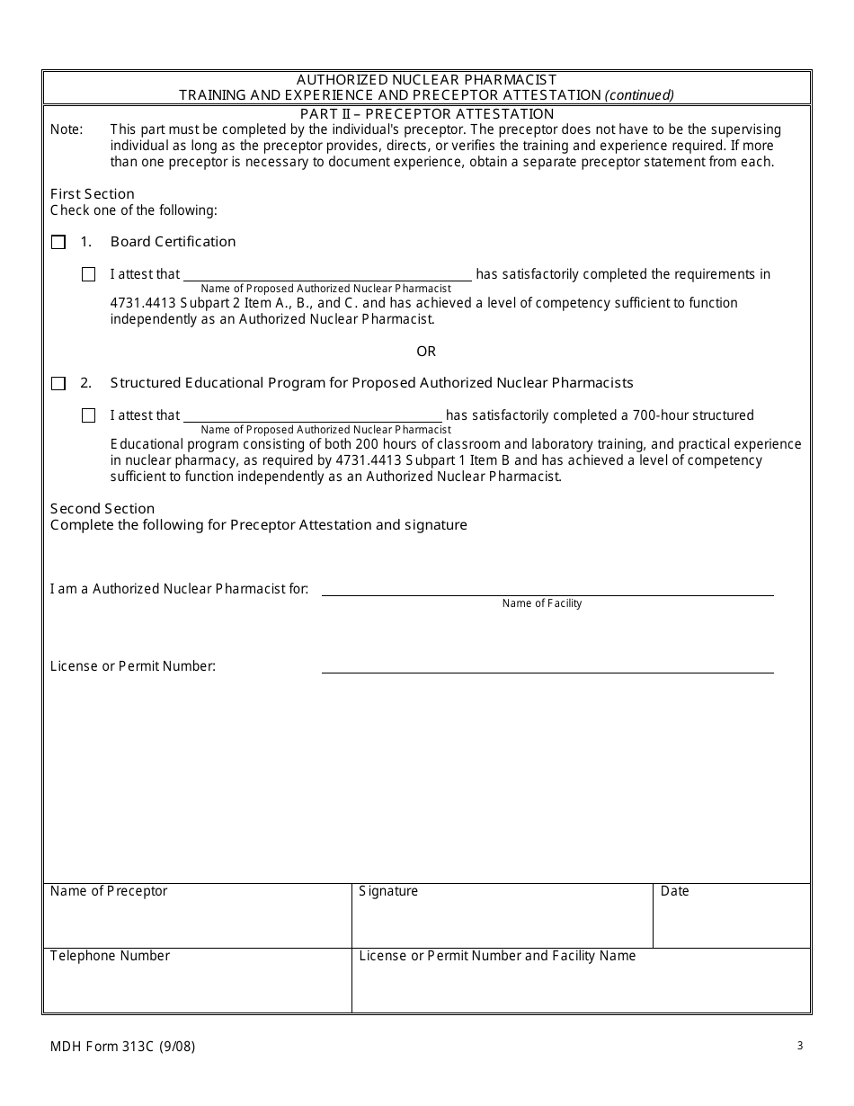 MDH Form 313C Authorized Nuclear Pharmacist Training and Experience and Preceptor Attestation - Minnesota, Page 3
