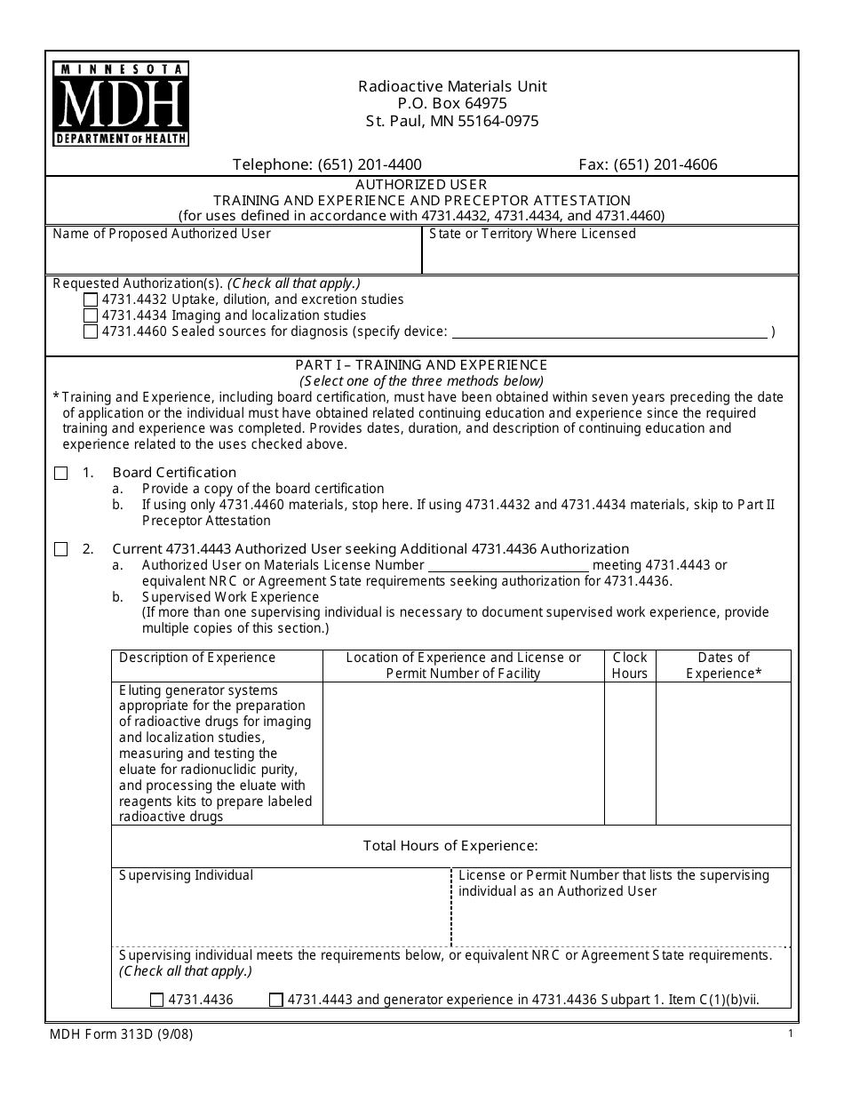 MDH Form 313D Authorized User Training and Experience and Preceptor Attestation - Minnesota, Page 1