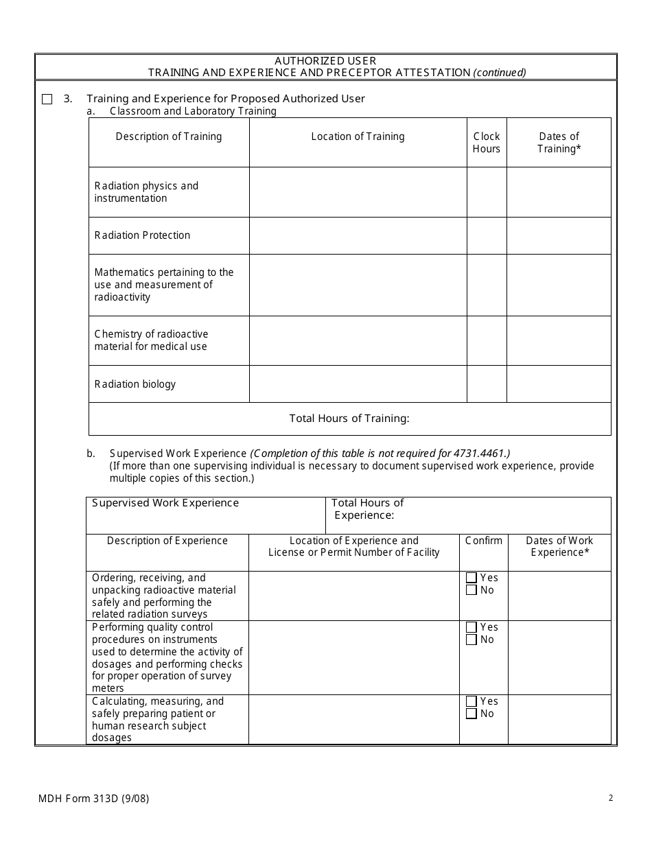 MDH Form 313D Authorized User Training and Experience and Preceptor Attestation - Minnesota, Page 2