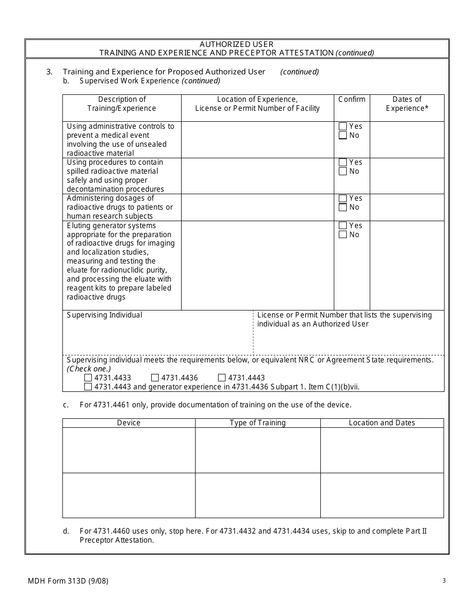 MDH Form 313D Authorized User Training and Experience and Preceptor Attestation - Minnesota, Page 3