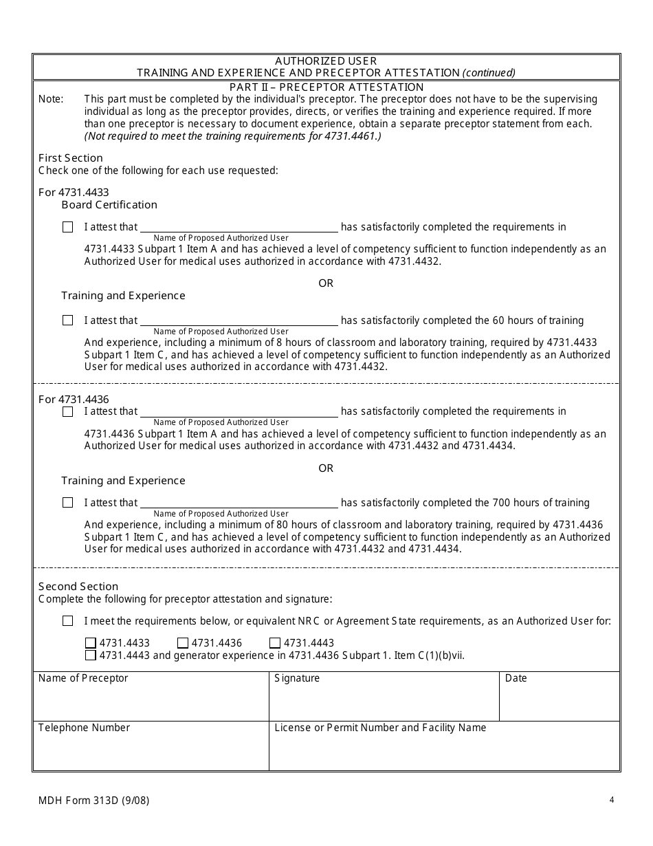 MDH Form 313D Authorized User Training and Experience and Preceptor Attestation - Minnesota, Page 4