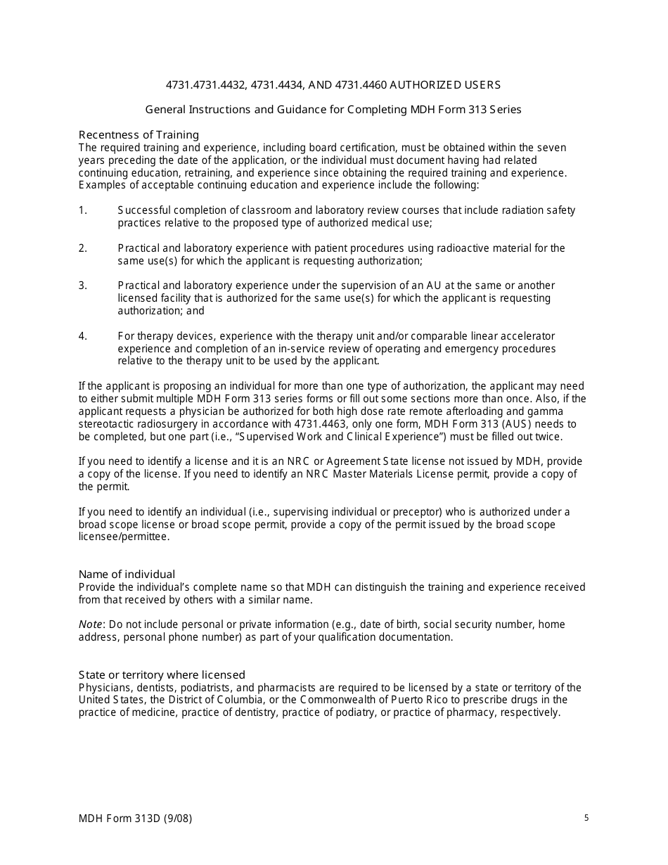 MDH Form 313D Authorized User Training and Experience and Preceptor Attestation - Minnesota, Page 5