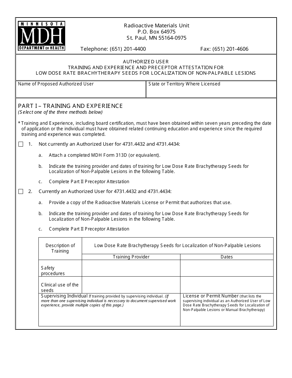MDH Form 313L Authorized User Training and Experience and Preceptor Attestation for Low Dose Rate Brachytherapy Seeds for Localization of Non-palpable Lesions - Minnesota, Page 1