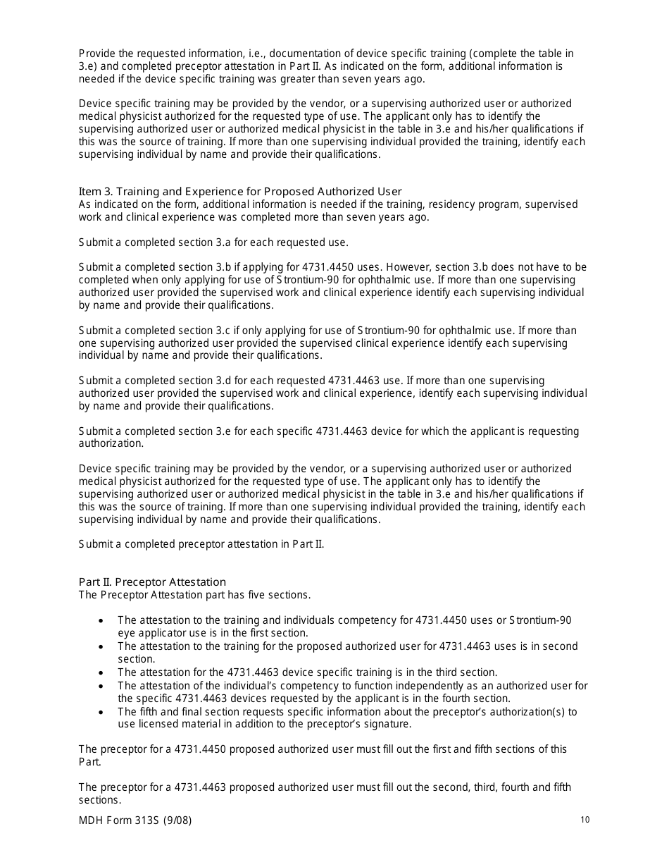 MDH Form 313S Authorized User Training and Experience and Preceptor Attestation - Minnesota, Page 10