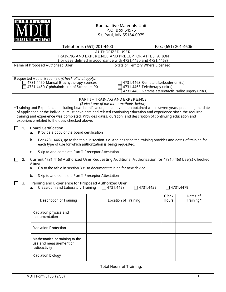 MDH Form 313S Authorized User Training and Experience and Preceptor Attestation - Minnesota, Page 1