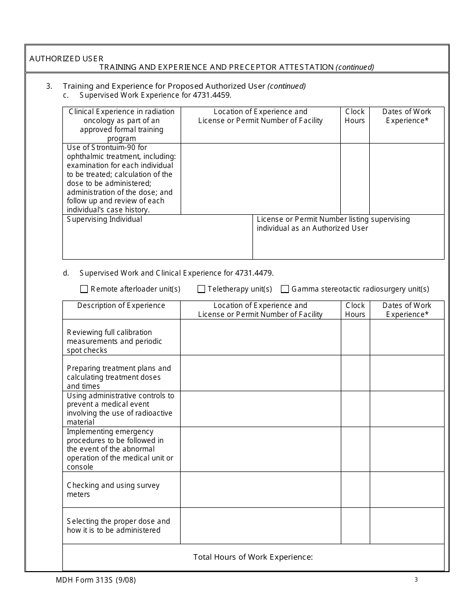 MDH Form 313S Authorized User Training and Experience and Preceptor Attestation - Minnesota, Page 3