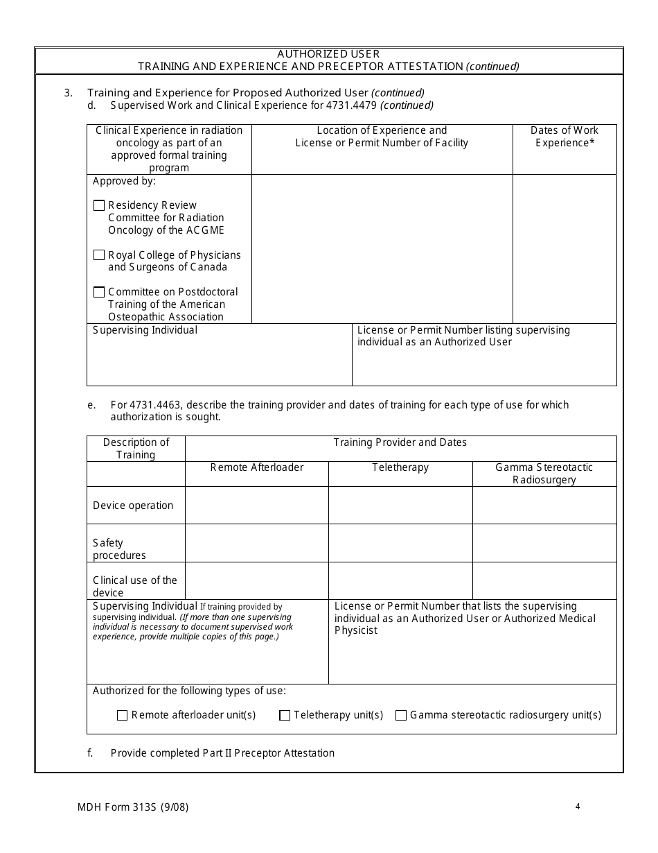 MDH Form 313S Authorized User Training and Experience and Preceptor Attestation - Minnesota, Page 4