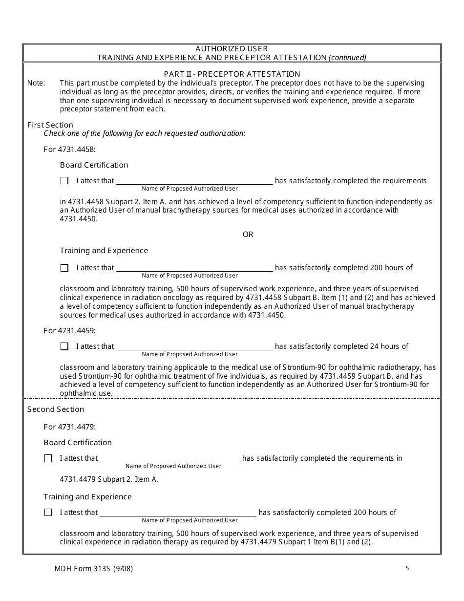 MDH Form 313S Authorized User Training and Experience and Preceptor Attestation - Minnesota, Page 5